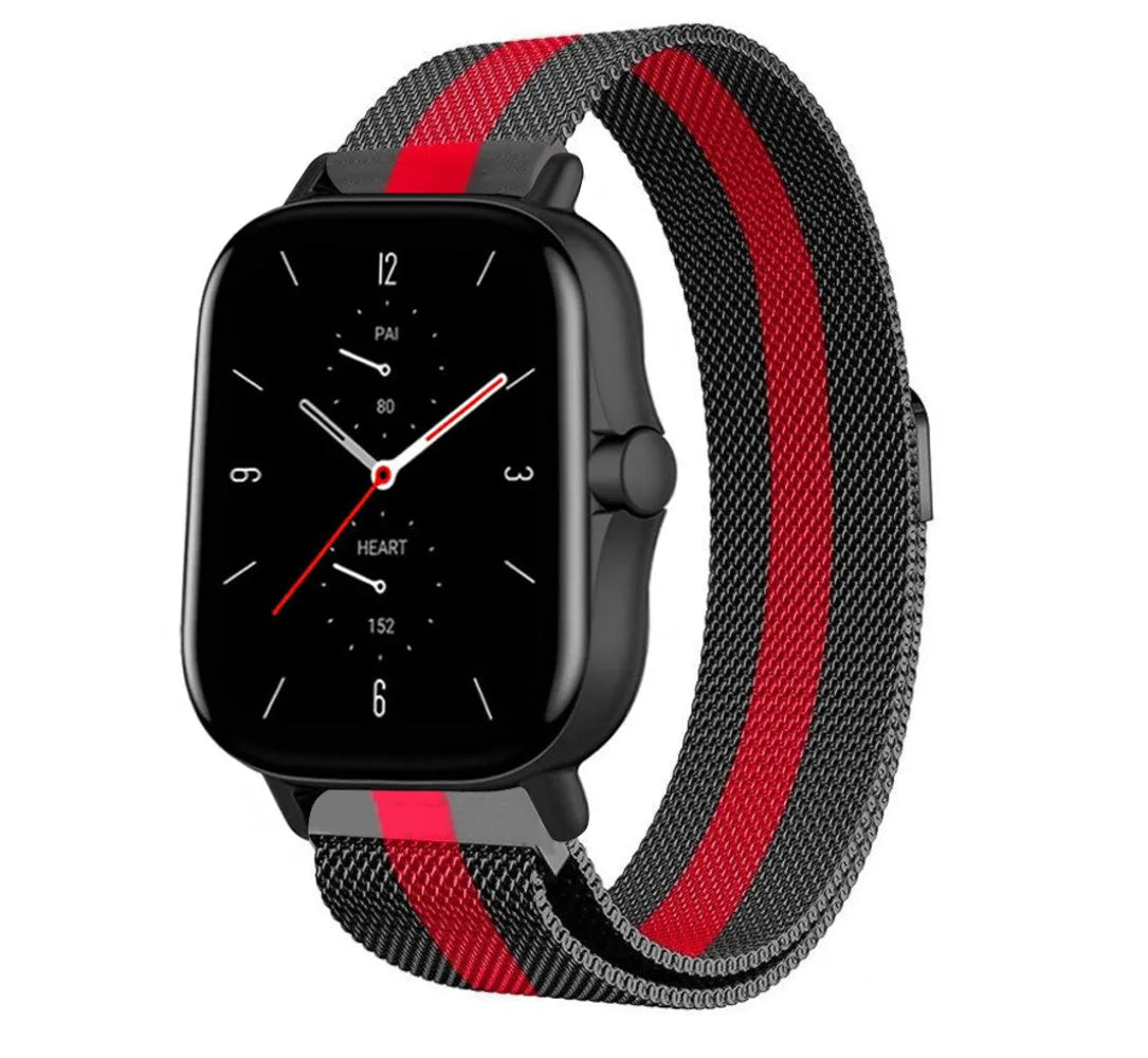 Milanese Strap, black/red, on a watch, 3/4 front view