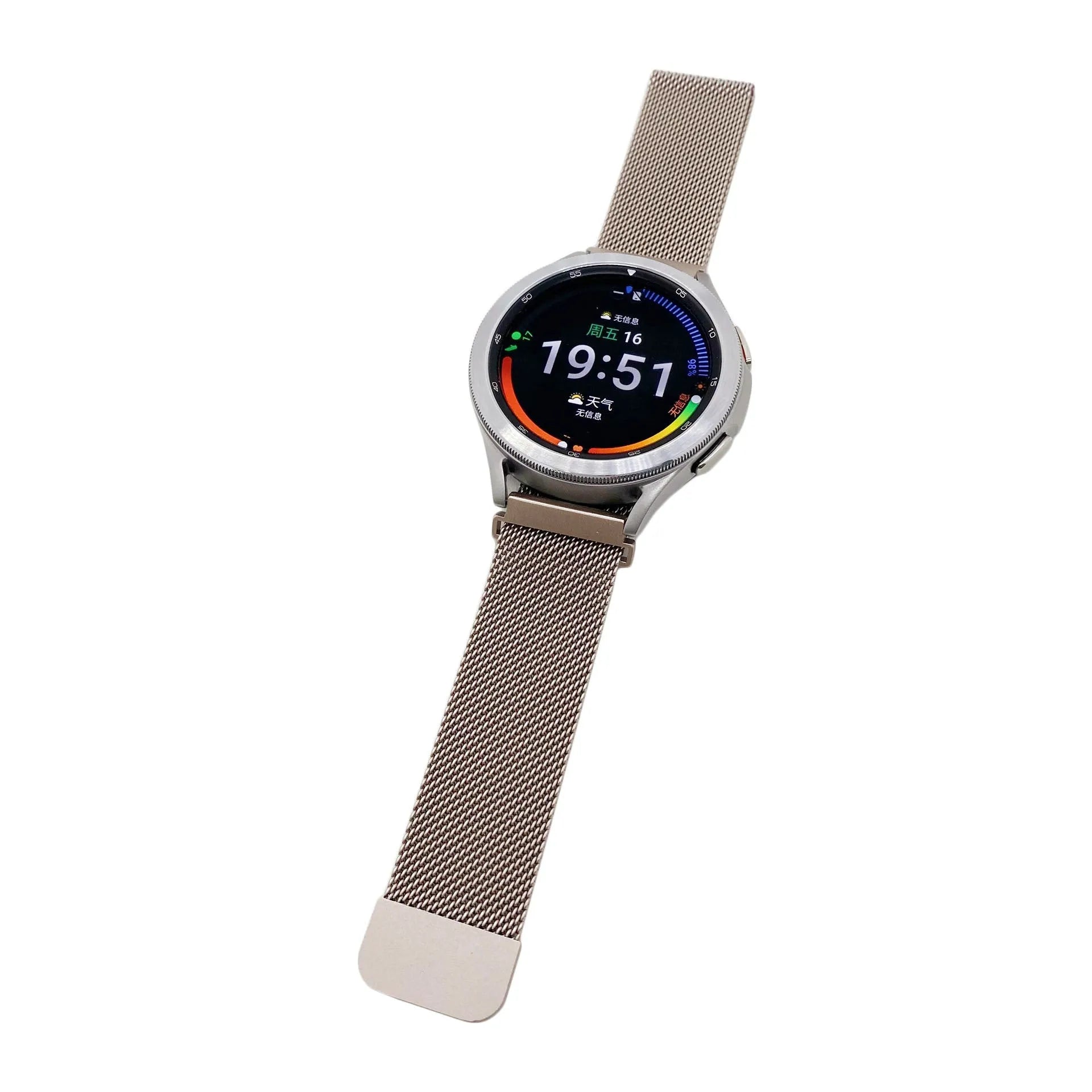Milanese Strap, starlight, on a watch, 3/4 front view