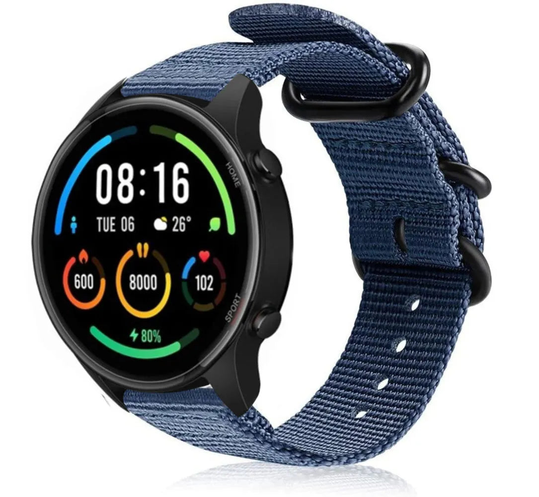 Nylon Buckle Strap, blue, on a watch, 3/4 front view