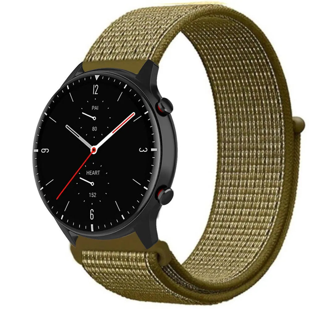 Nylon Strap, olive, on a watch, 3/4 front view