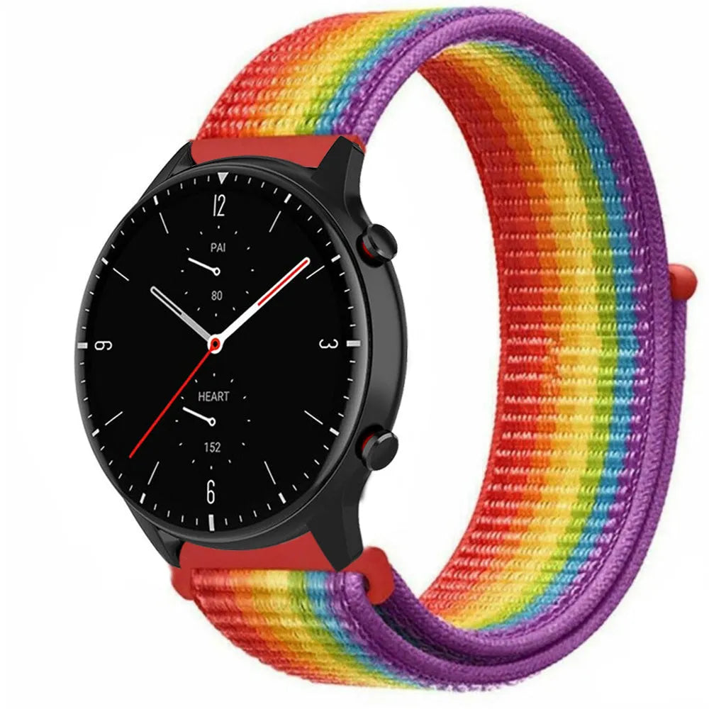 Nylon Strap, rainbow, on a watch, 3/4 front view