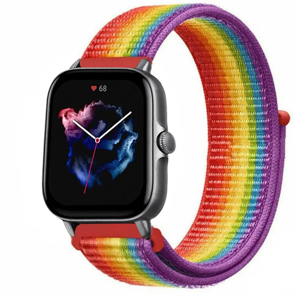 Nylon Strap, rainbow, on a watch, 3/4 front view