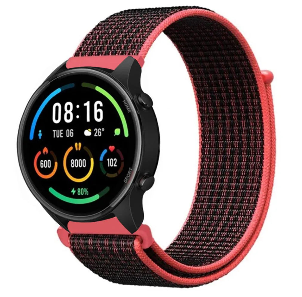 Nylon Strap, black/coral, on a watch, 3/4 front view