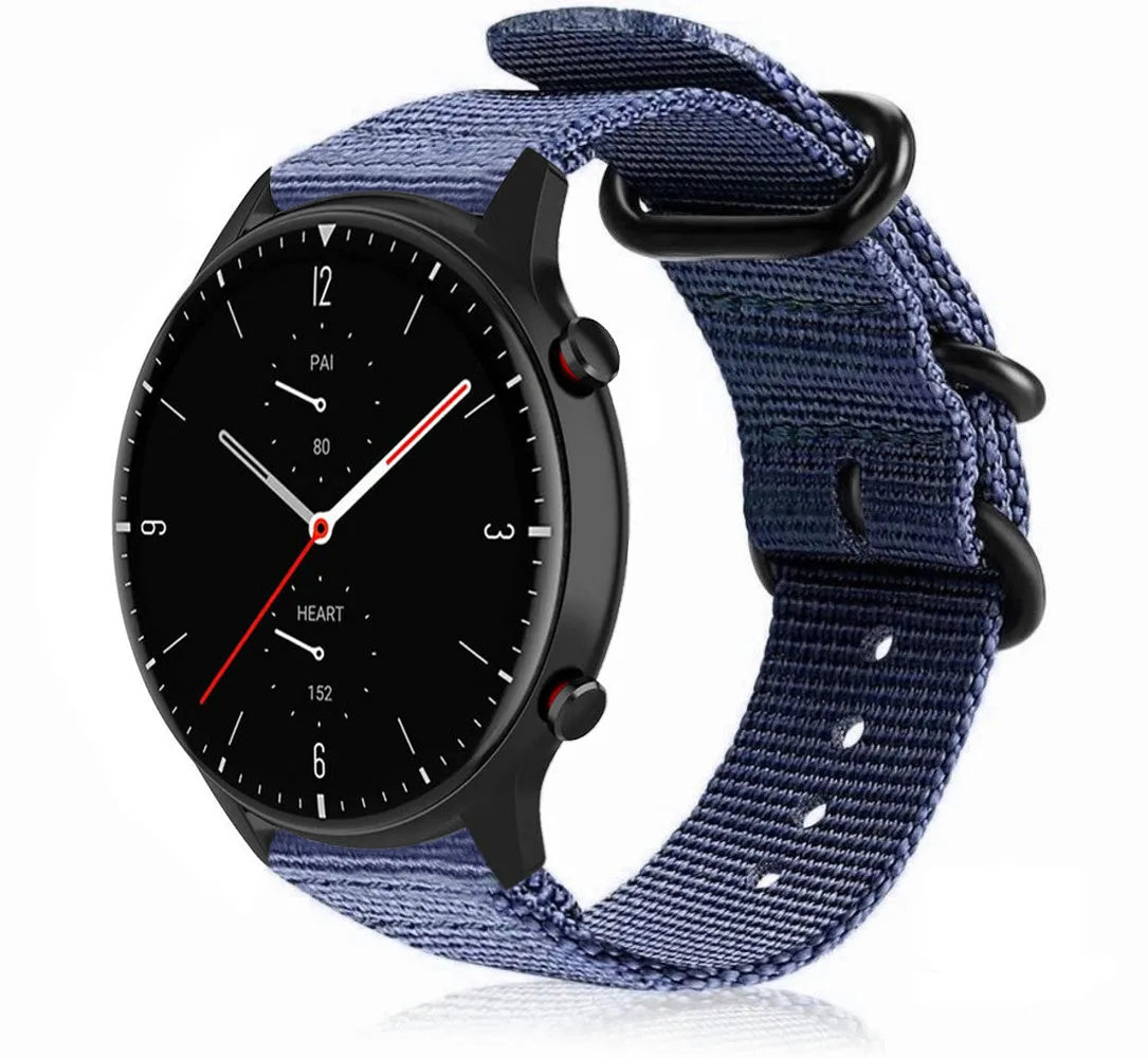 Nylon Buckle Strap, blue, on a watch, 3/4 front view