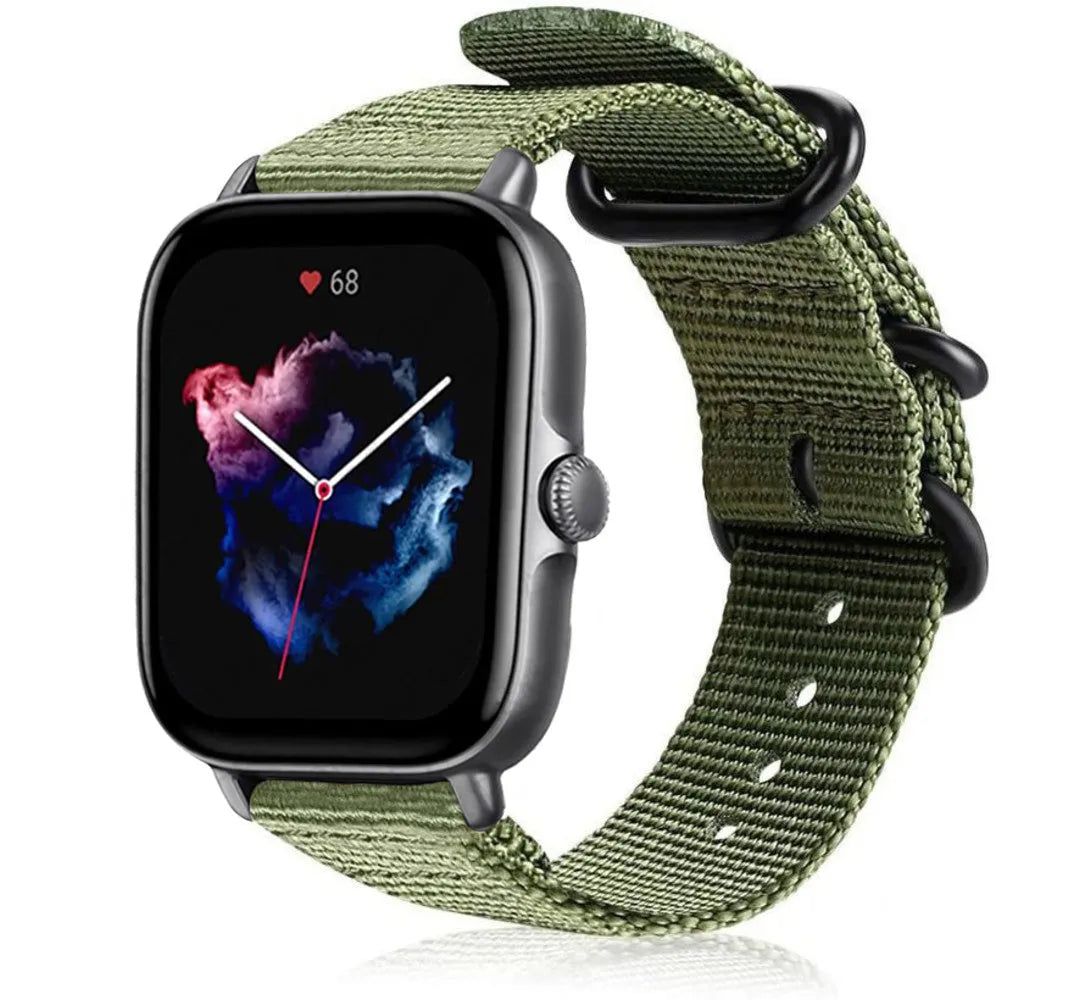 Nylon Buckle Strap, green, on a watch, 3/4 front view