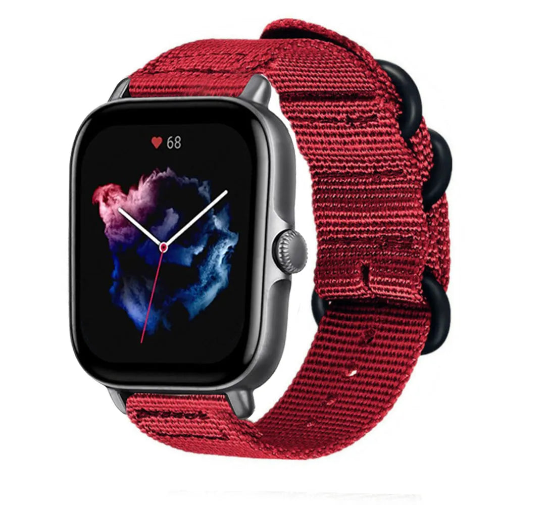 Nylon Buckle Strap, red, on a watch, 3/4 front view