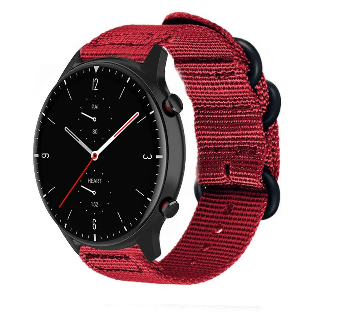 Nylon Buckle Strap, red, on a watch, 3/4 front view