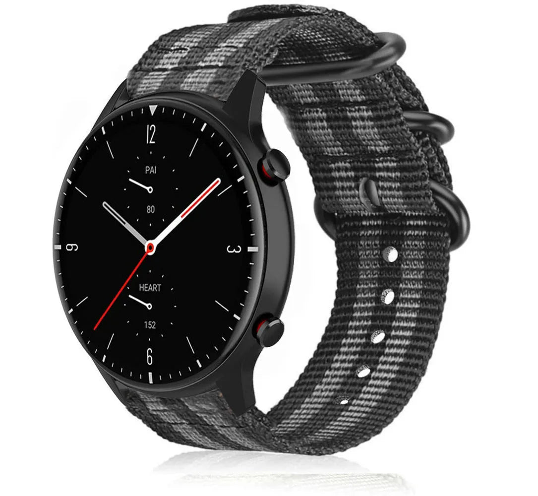 Nylon Buckle Strap, black/grey, on a watch, 3/4 front view