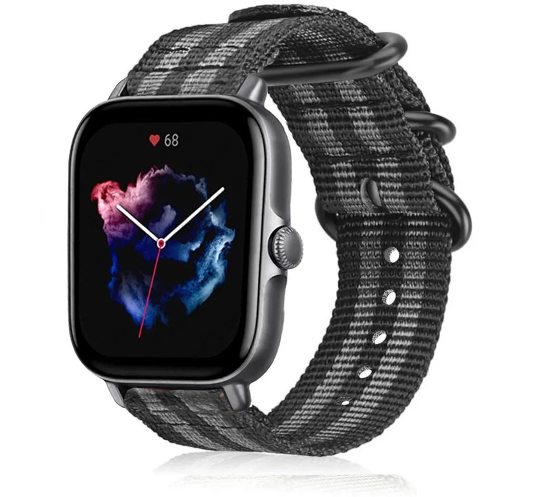 Nylon Buckle Strap, black/grey, on a watch, 3/4 front view