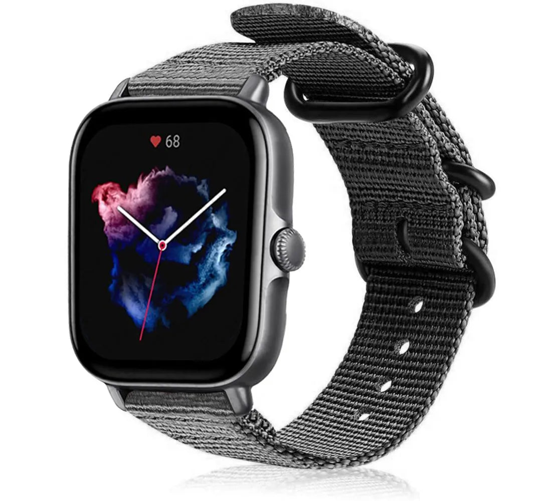 Nylon Buckle Strap, black, on a watch, 3/4 front view