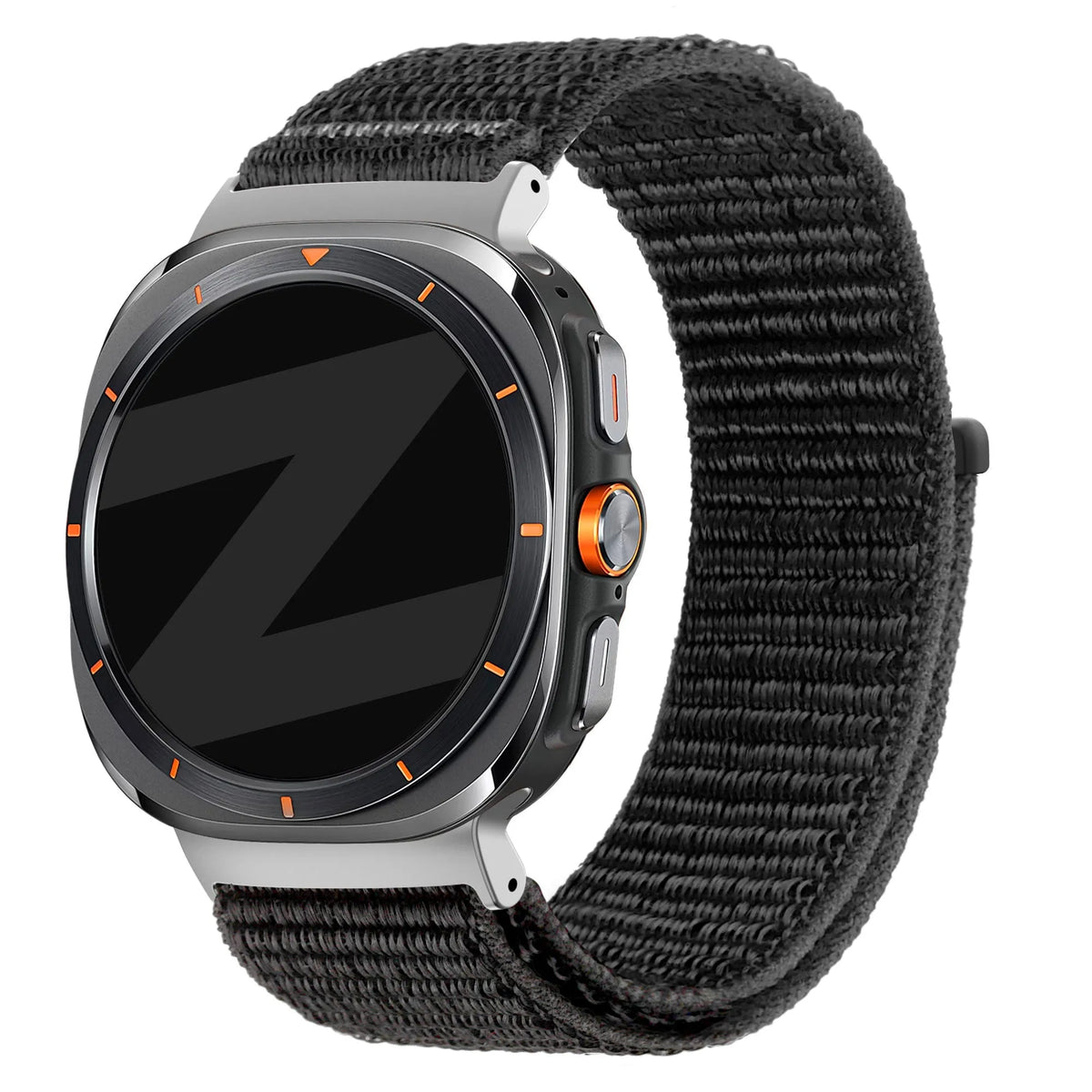 Nylon Loop Strap, black, on a watch, 3/4 front view