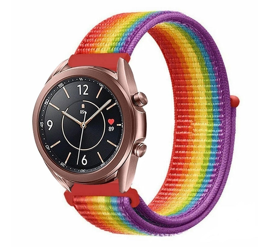 Nylon Strap, rainbow, on a watch, 3/4 front view
