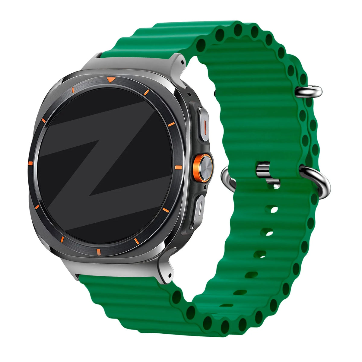 Silicone Ocean Strap 'Classic', dark green, on a watch, 3/4 front view