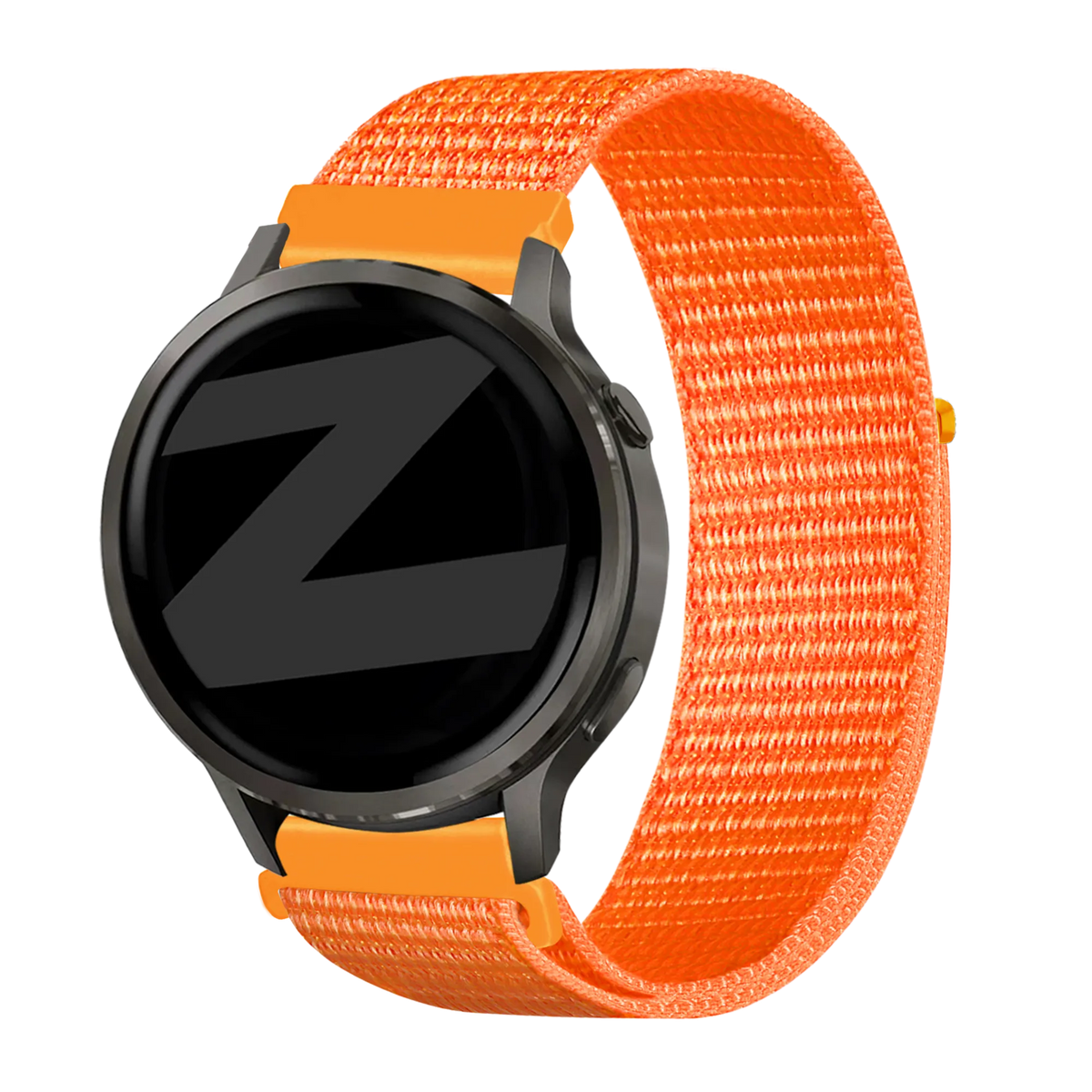 Nylon Loop Strap, orange, on a watch, 3/4 front view