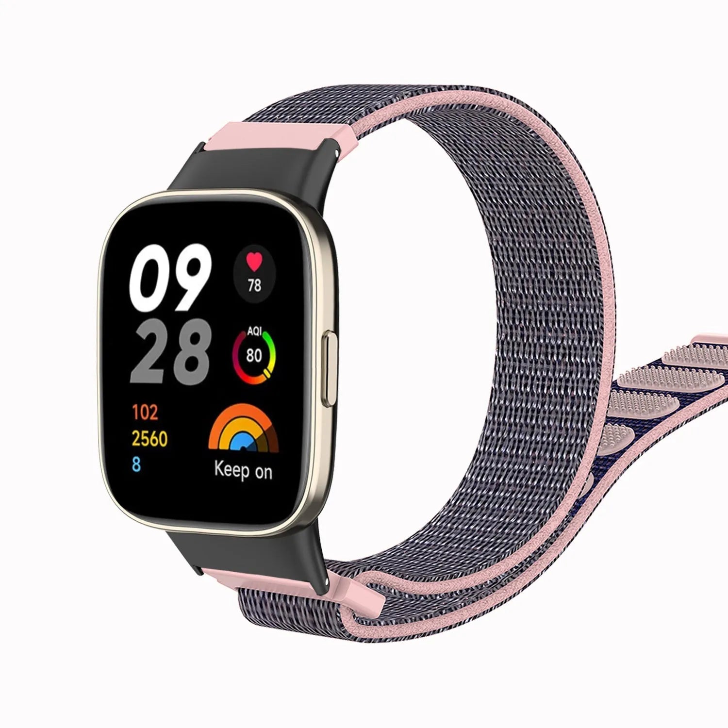 Nylon Strap, pink, on a watch, 3/4 front view