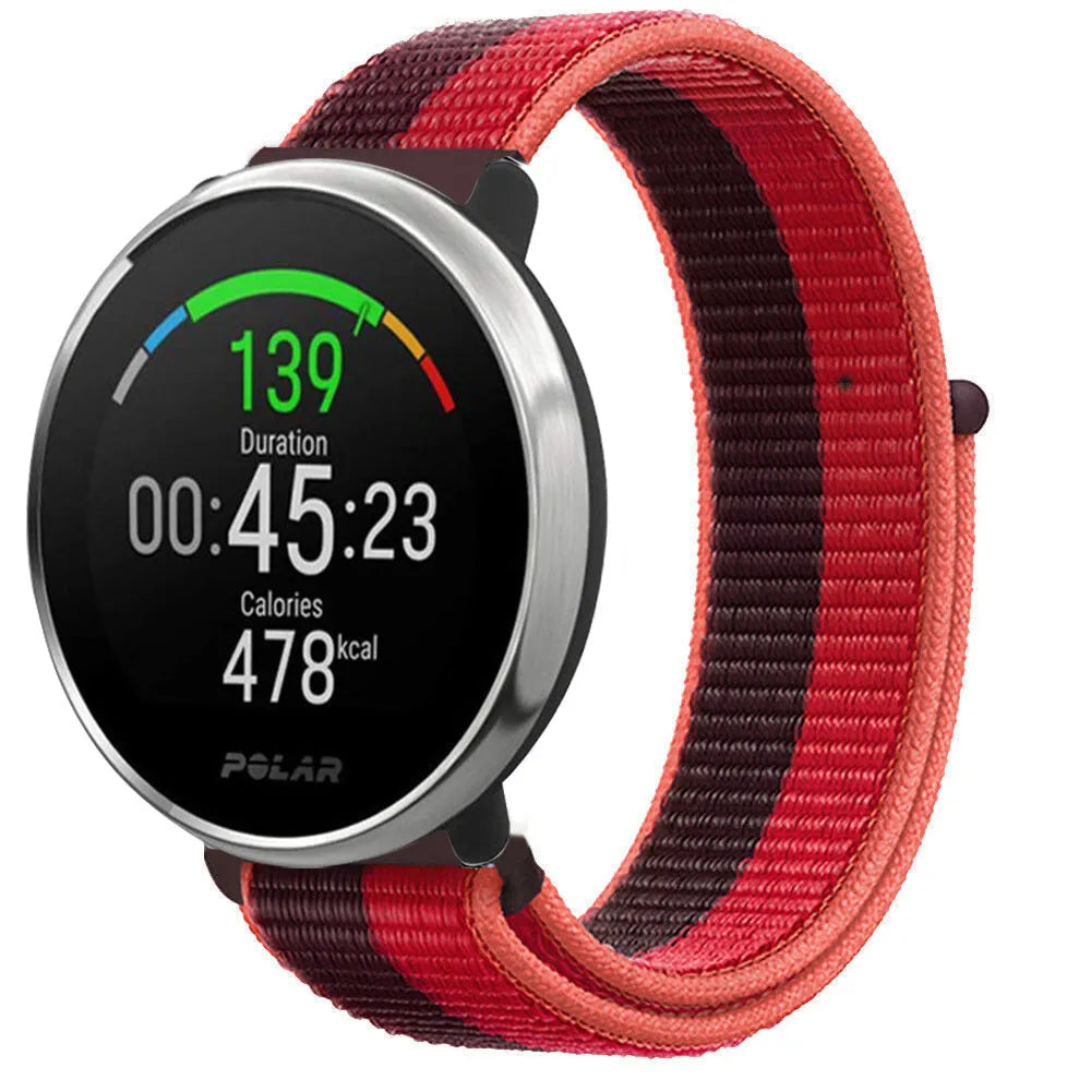 Nylon Strap, cherry magenta, on a watch, 3/4 front view