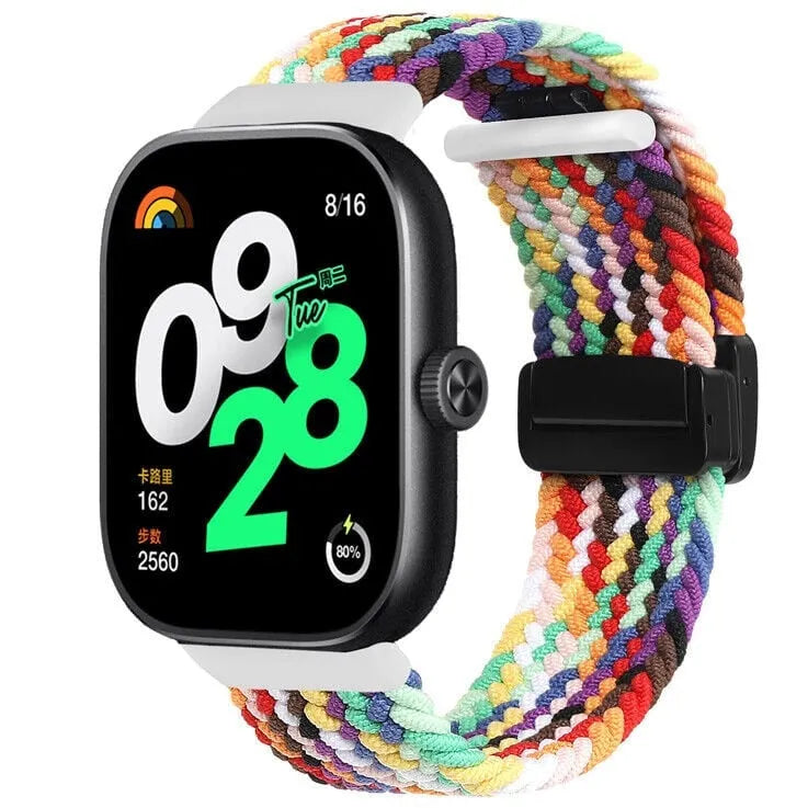 Nylon Braided Strap with D-Buckle, rainbow, on a watch, 3/4 front view