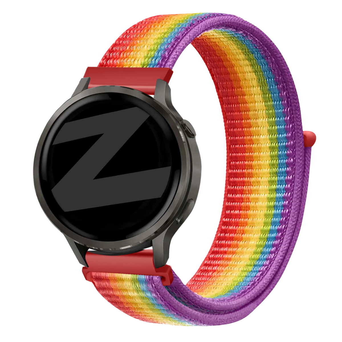 Nylon Loop Strap, rainbow, on a watch, 3/4 front view