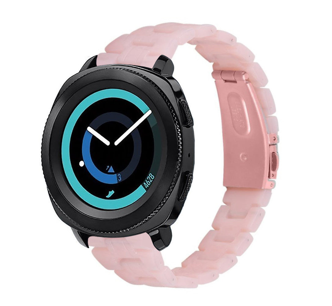 Metal Resin Strap, pink, on a watch, 3/4 front view