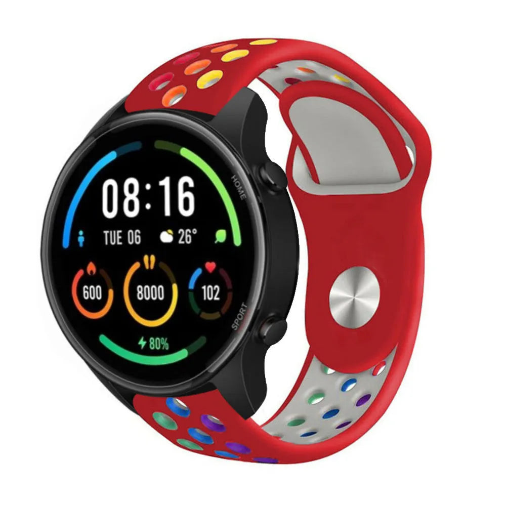 Silicone Sport Strap, red/colourful, on a watch, 3/4 front view