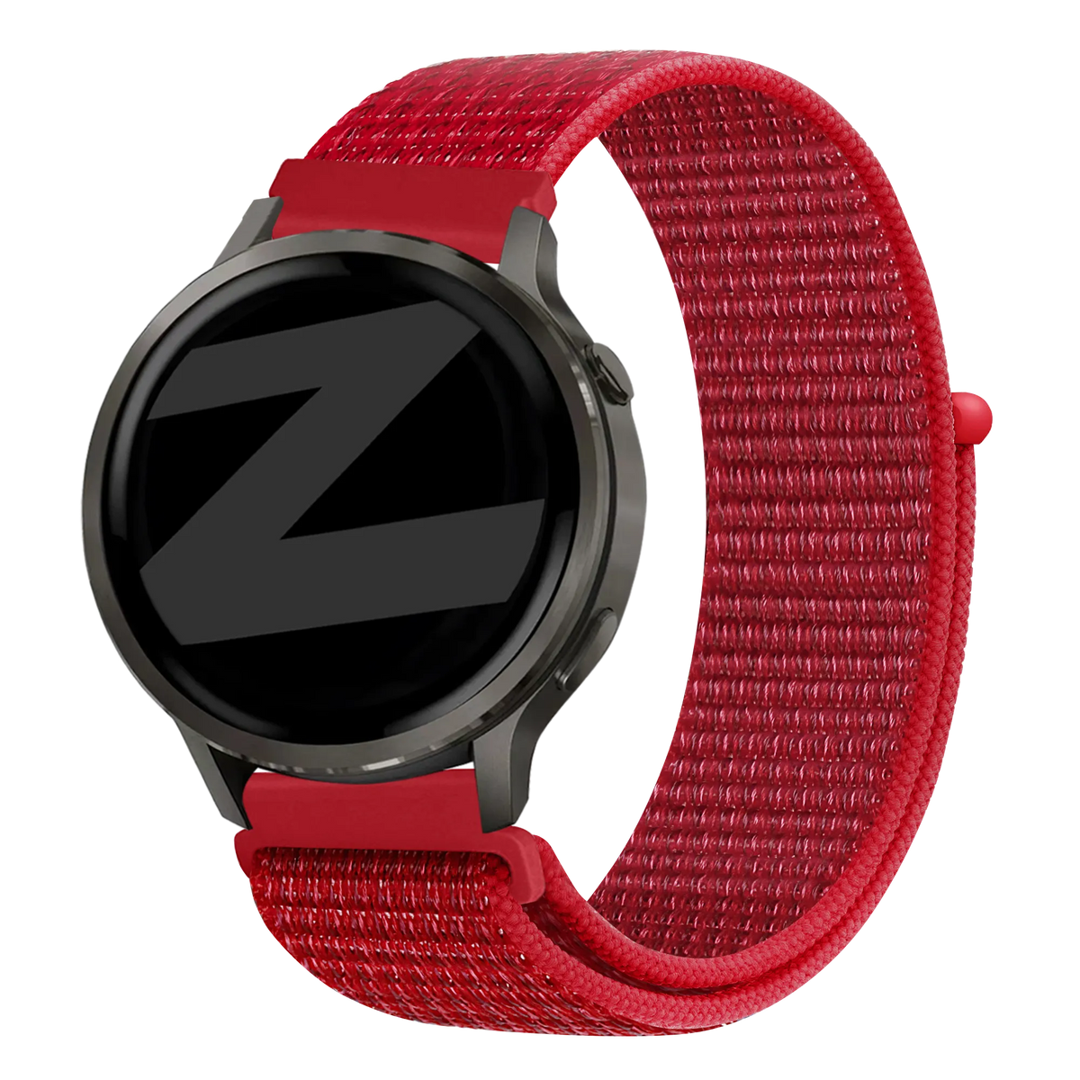 Nylon Loop Strap, red, on a watch, 3/4 front view