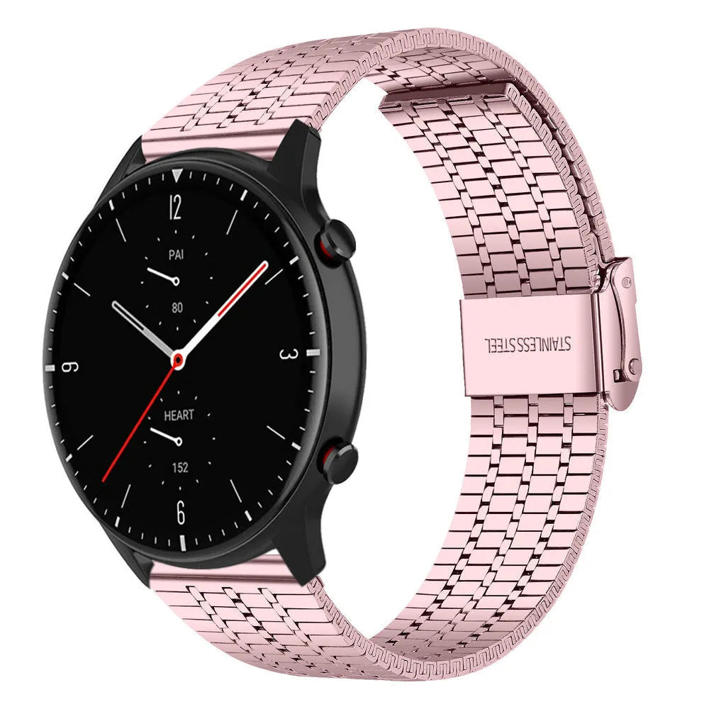 Fine Steel Strap, pink, on a watch, 3/4 front view