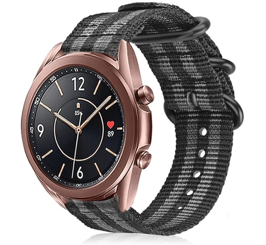 Nylon Buckle Strap, black/grey, on a watch, 3/4 front view