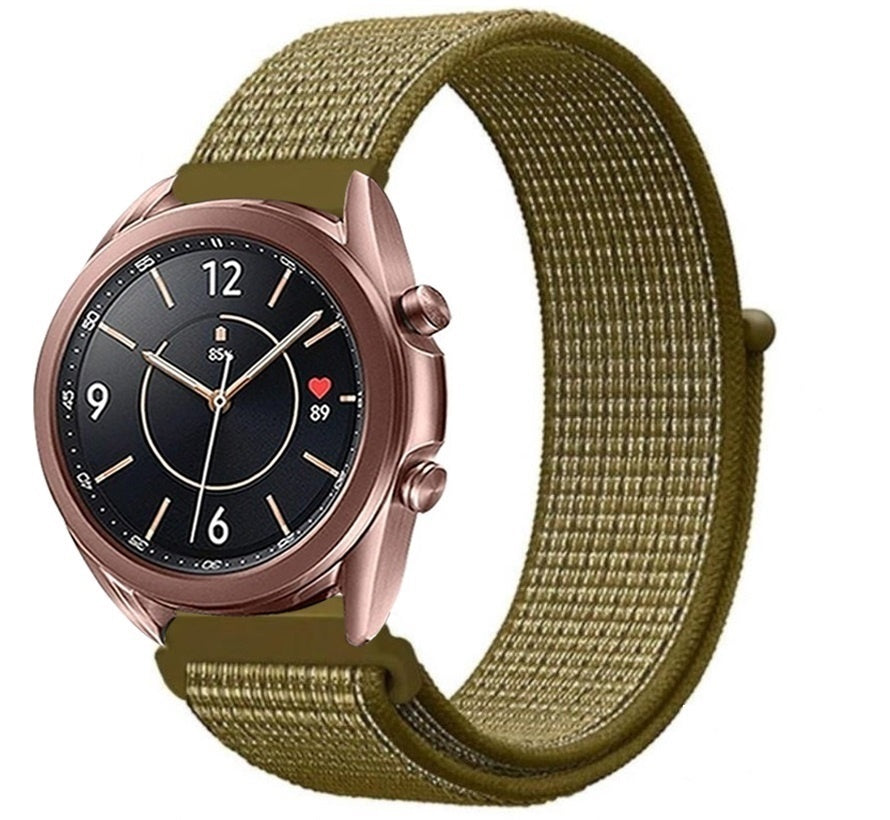 Nylon Strap, olive, on a watch, 3/4 front view