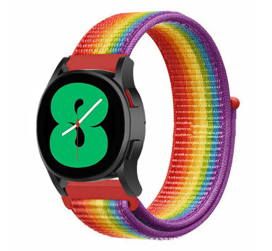 Nylon Strap, rainbow, on a watch, 3/4 front view