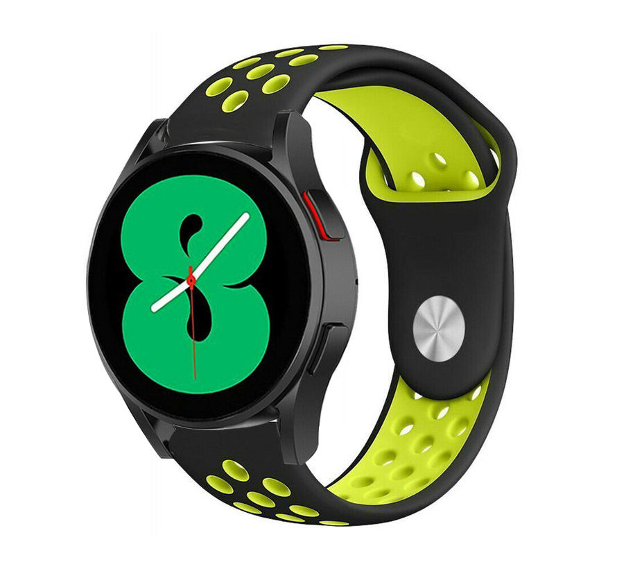 Silicone Sport Strap, black/yellow, on a watch, 3/4 front view