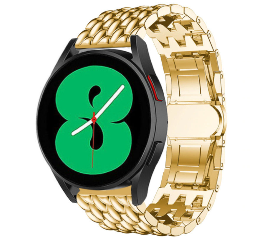 Steel Dragon Strap, gold, on a watch, 3/4 front view