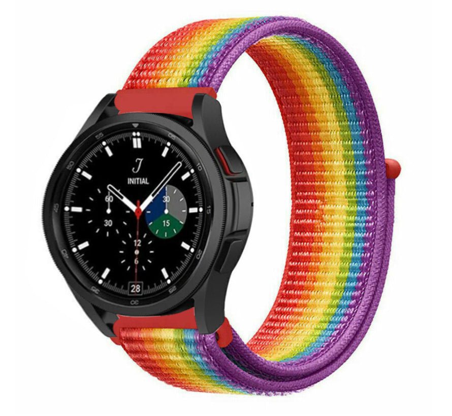 Nylon Strap, rainbow, on a watch, 3/4 front view