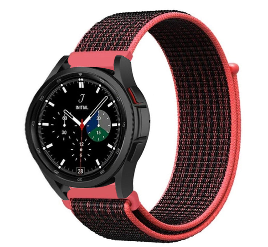 Nylon Strap, black/coral, on a watch, 3/4 front view