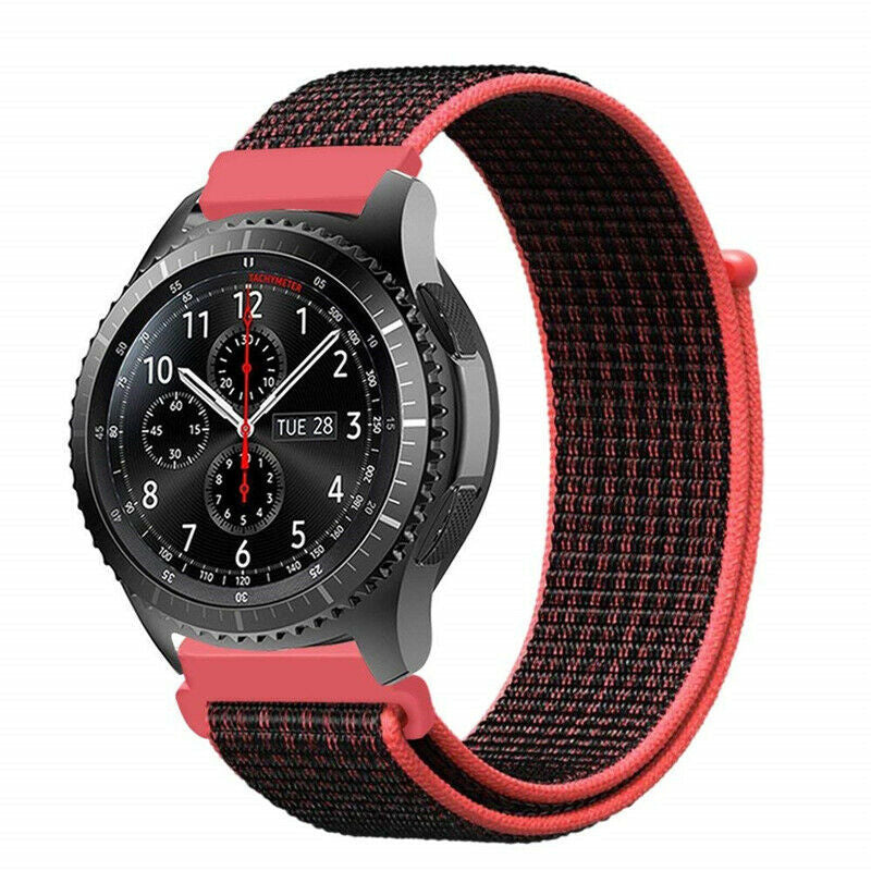 Nylon Strap, black/coral, on a watch, 3/4 front view