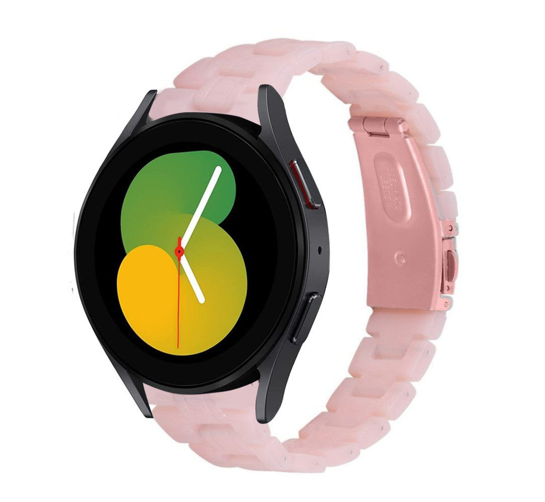 Metal Resin Strap, pink, on a watch, 3/4 front view