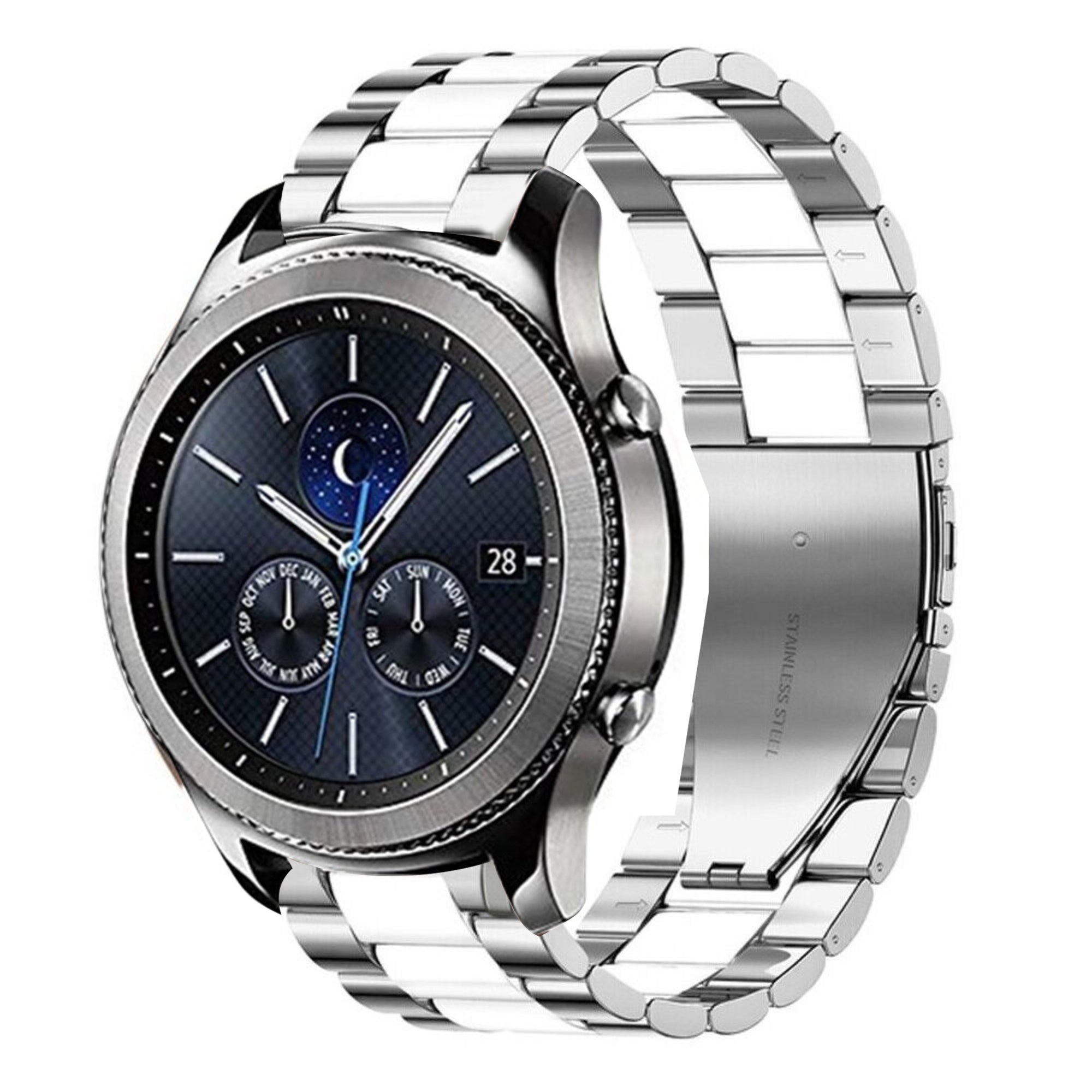 Steel Strap, silver/white, on a watch, 3/4 front view