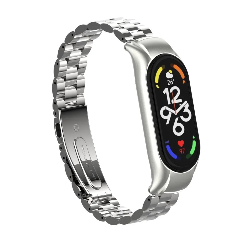 Steel Strap, silver, on a watch, 3/4 front view