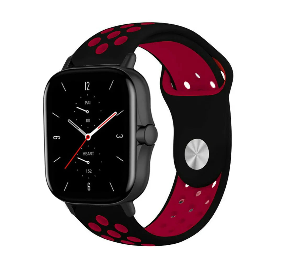 Silicone Sport Strap, black/red, on a watch, 3/4 front view