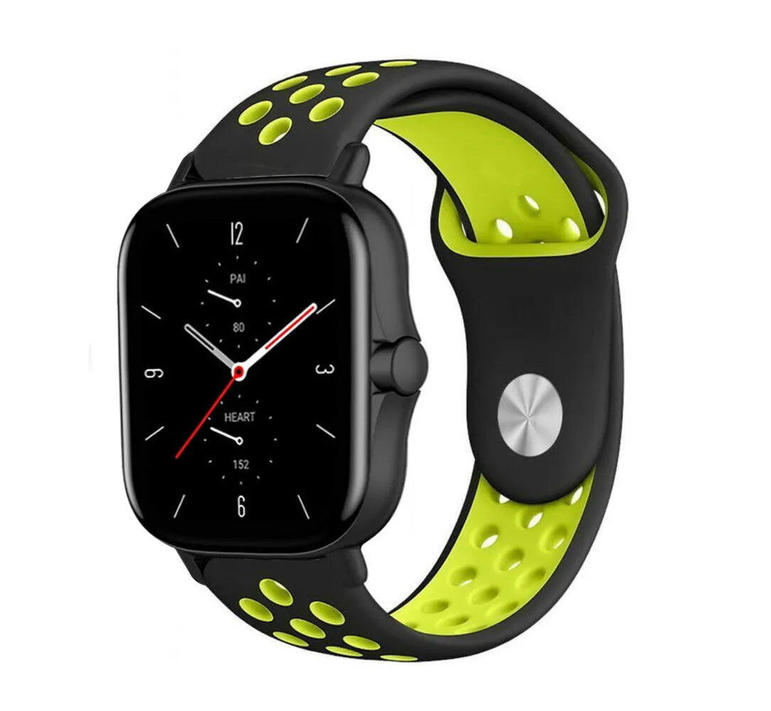 Silicone Sport Strap, black/yellow, on a watch, 3/4 front view