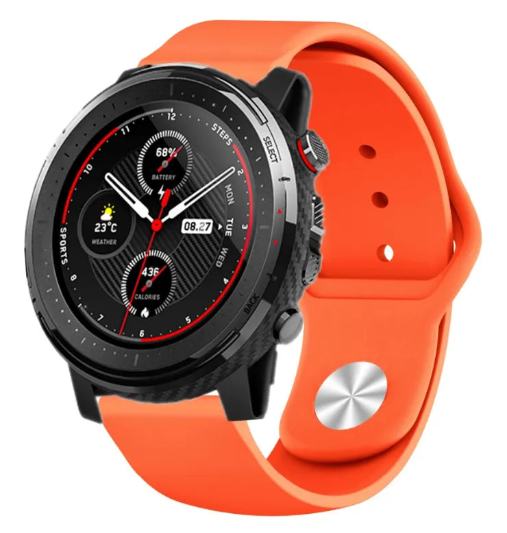 Silicone Sport Strap, orange, on a watch, 3/4 front view