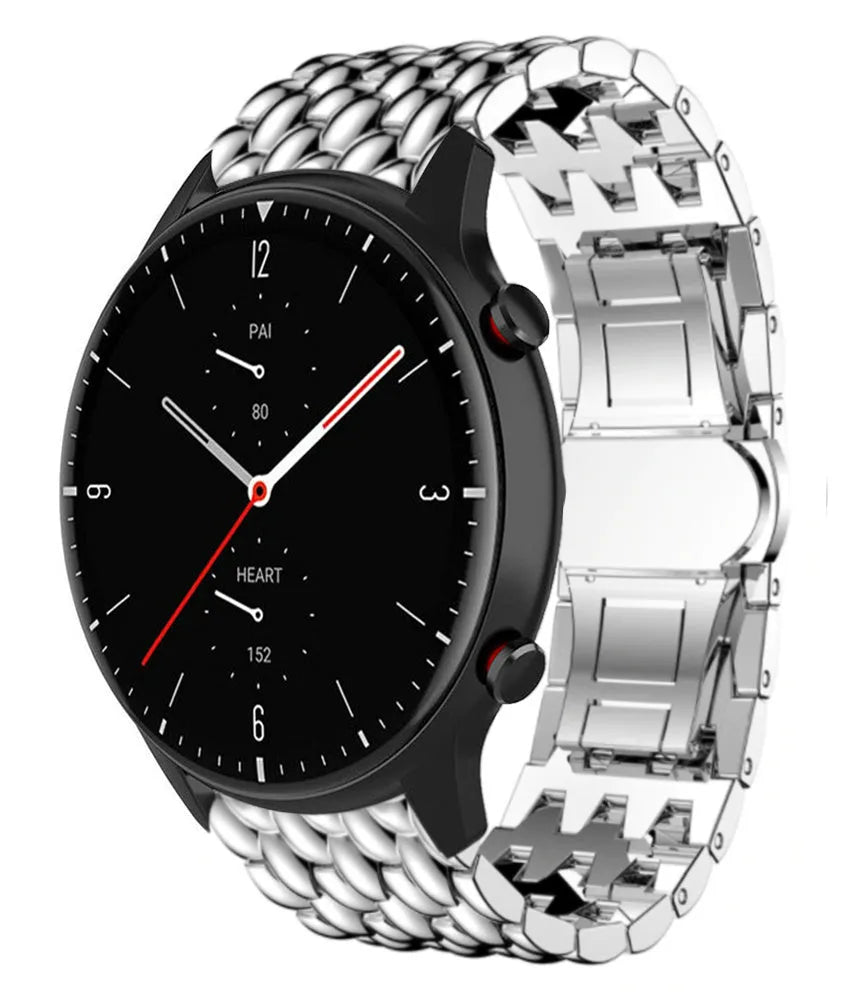Steel Dragon Strap, silver, on a watch, 3/4 front view