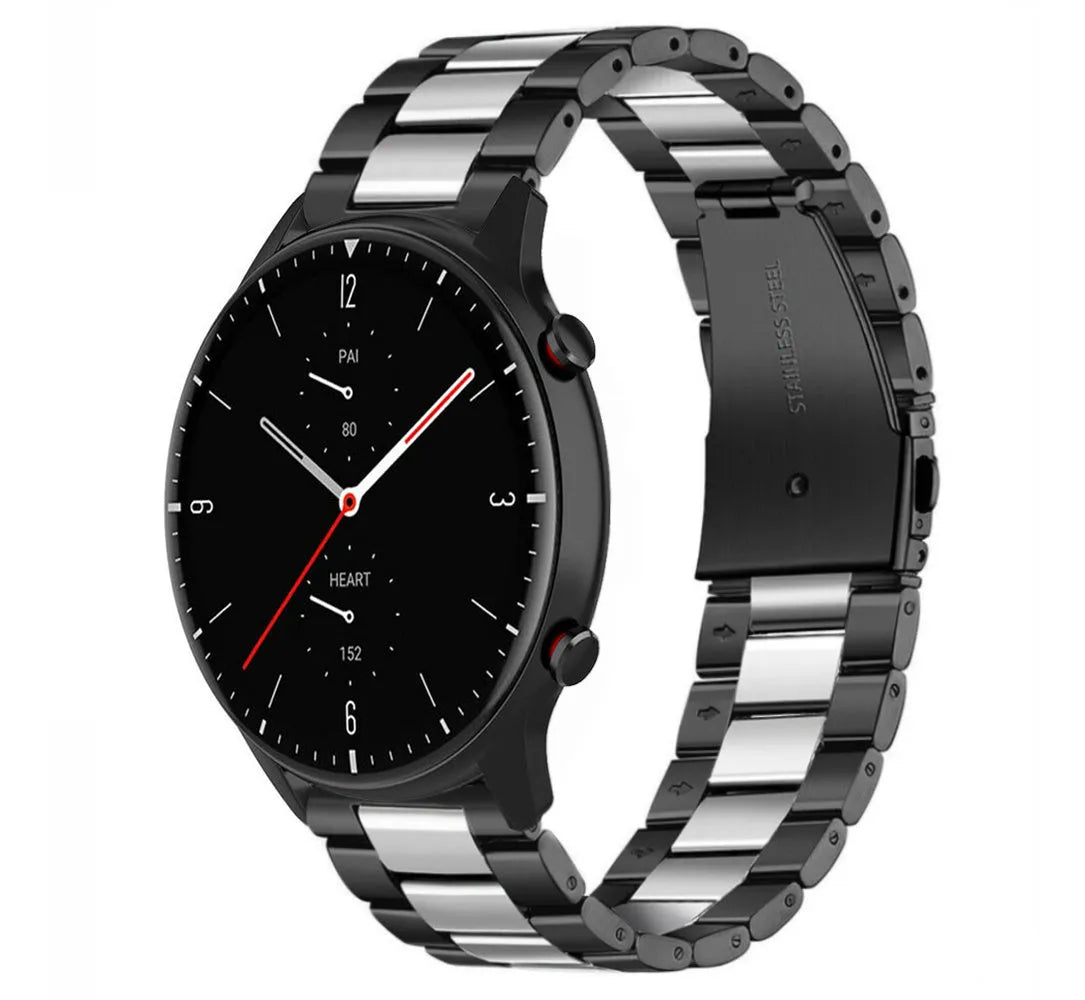 Steel Strap, black/silver, on a watch, 3/4 front view