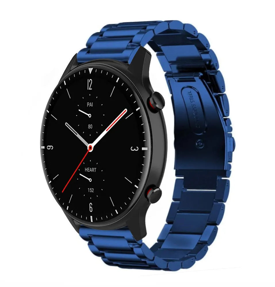 Steel Strap, blue, on a watch, 3/4 front view
