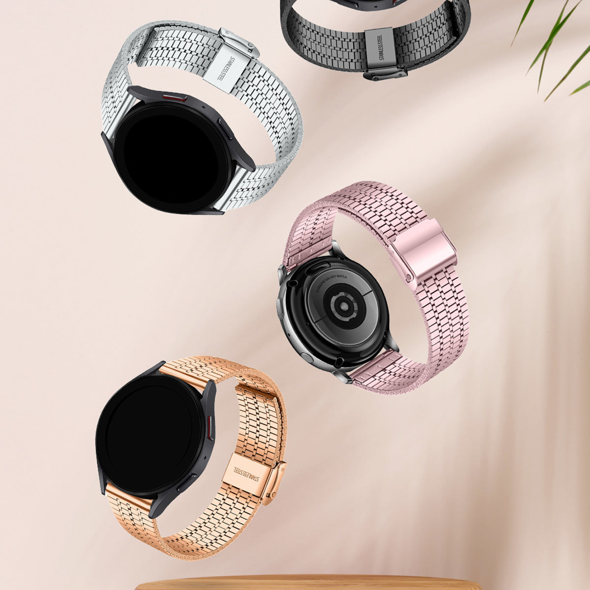 Fine Steel Strap, pink, on a watch, 3/4 front view