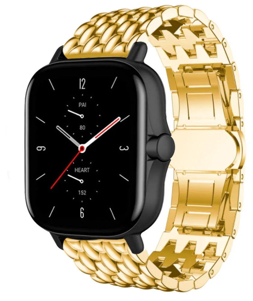 Steel Dragon Strap, gold, on a watch, 3/4 front view