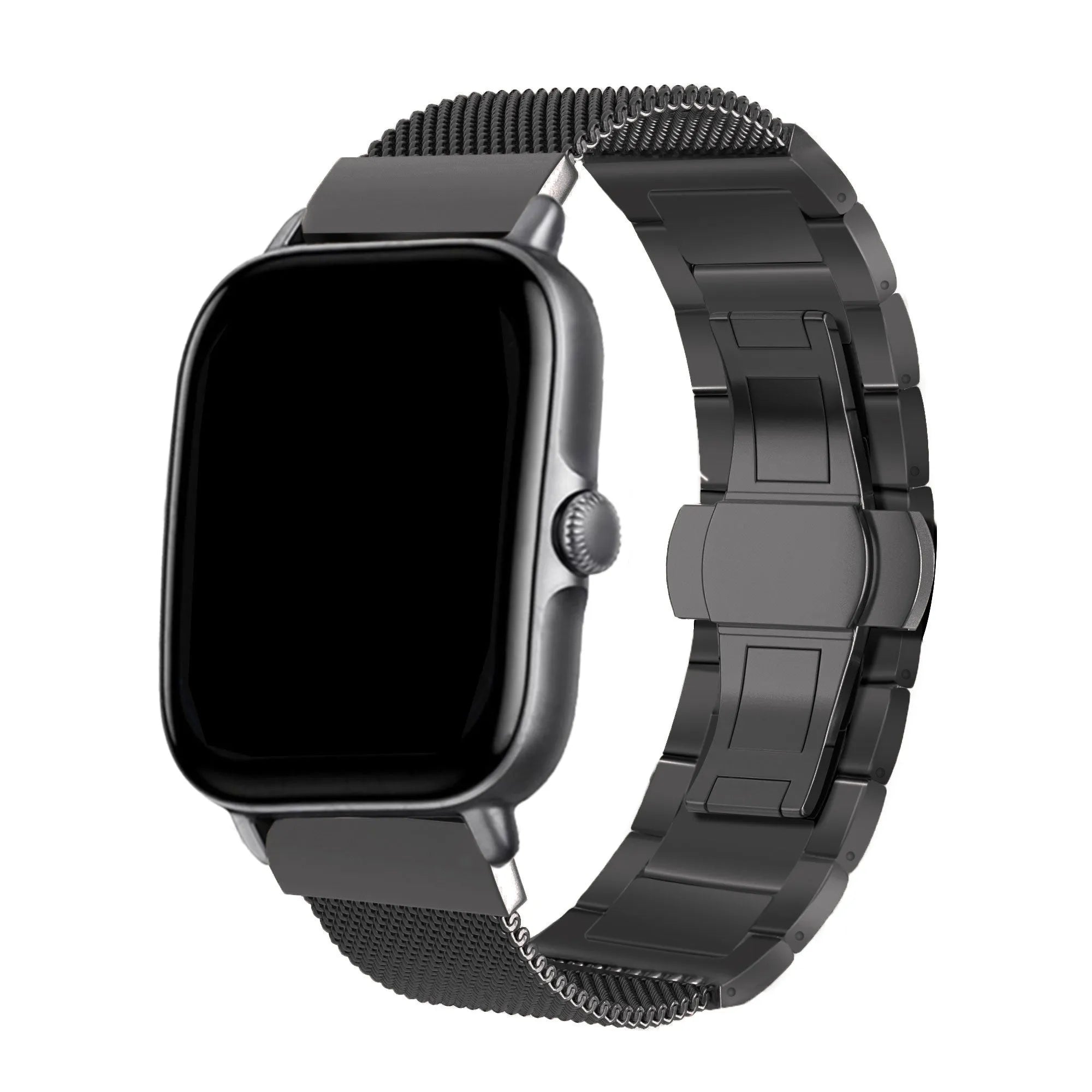 Milanese Steel Strap, black, on a watch, 3/4 front view