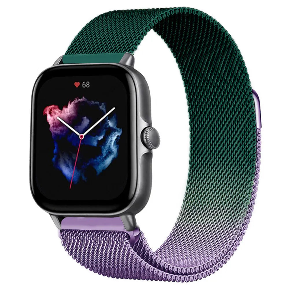 Milanese Strap, purple/green, on a watch, 3/4 front view