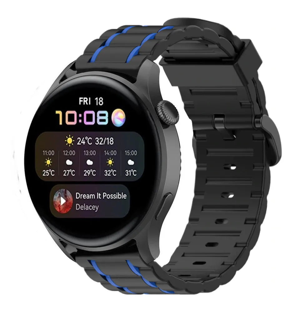 Silicone Sport Strap with Buckle, black/blue, on a watch, 3/4 front view