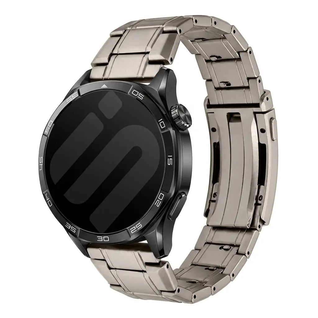 Adjustable Titanium Strap, on a watch, 3/4 front view