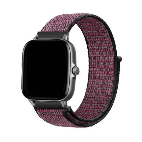 Nylon Strap, berry, on a watch, 3/4 front view